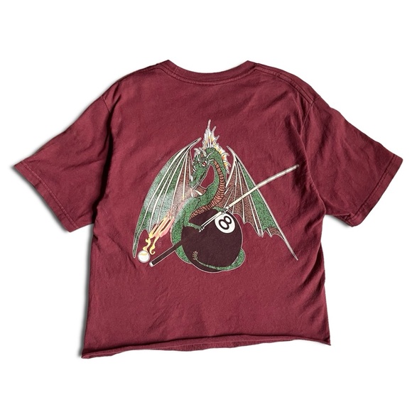 Stussy 8 Ball Dragon Maroon Red Cropped Graphic Tee Shirt Size Small - Picture 1 of 8